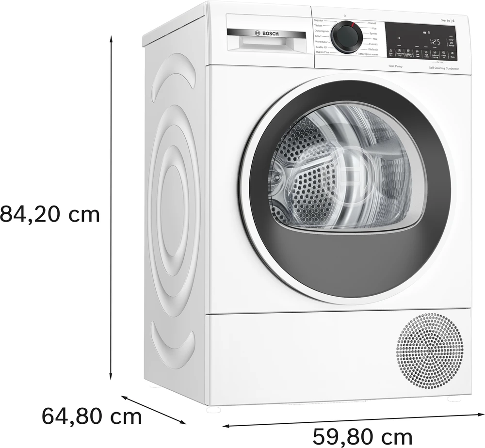 Bosch Džiovyklė su šilumos siurbliu | WQG2450ISN | Energijos vartojimo efektyvumo klasė D | Priekinis pakraunamas | 9kg | LCD | Gylis 61,3 cm | Baltas