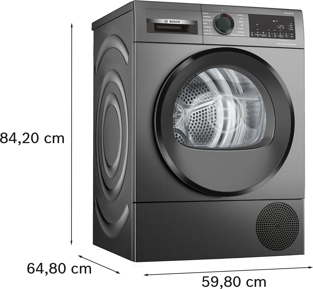 „Bosch“ džiovyklė su šilumos siurbliu | WQG245DXSN | Energijos vartojimo efektyvumo klasė C | Priekinis pakraunamas | 9kg | Kondensacija | LCD | Gylis 61,3 cm | Pilkas