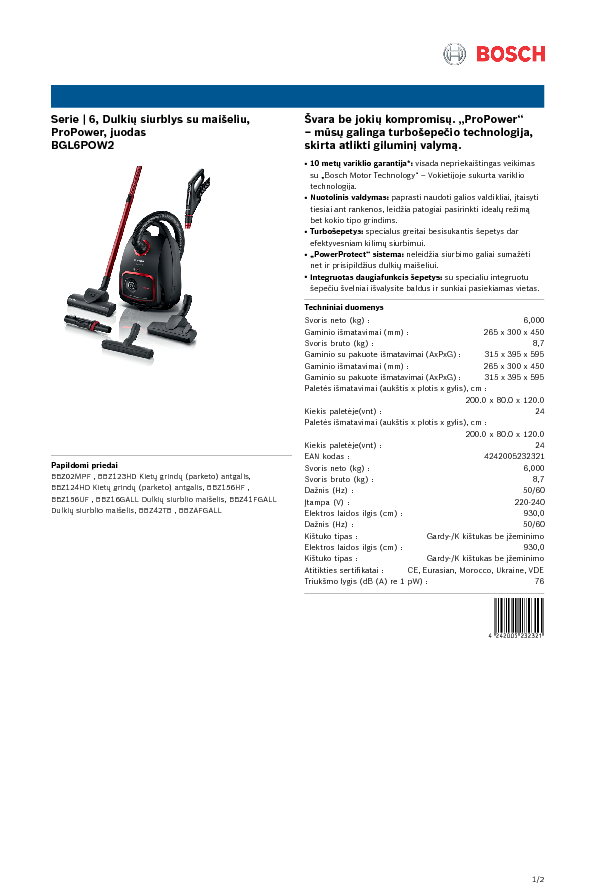 Dulkių siurblys Bosch BGL6POW2 Serie | 6 su maišeliu, ProPower, juodas