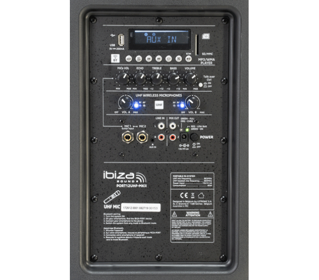 Ibiza Sound PORT12UHF-MKII NEŠIOJAMA GARSO SISTEMA SU AKUMULIATORIUMI + 2X UHF BELAIDŽIAI MIKROFONAI, USB/SD/AUX/BLUETOOTH, 12''/30CM