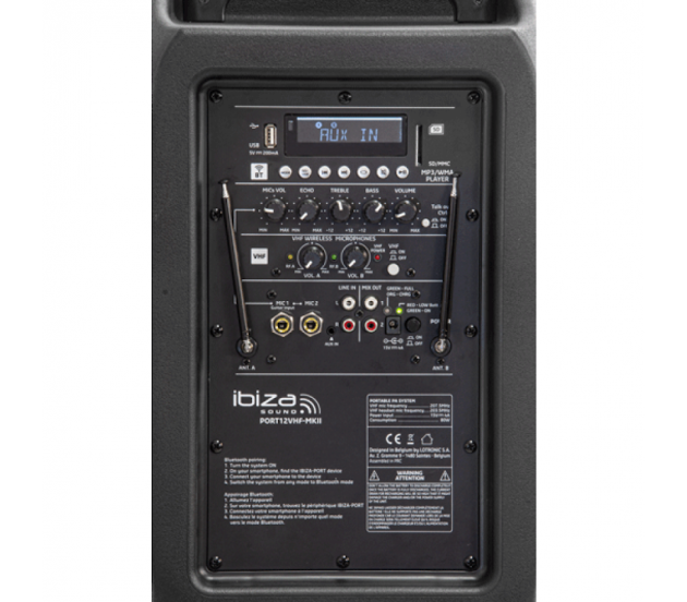 Ibiza Sound PORT15VHF-MKII NEŠIOJAMA GARSO SISTEMA SU AKUMULIATORIUMI + 2X VHF BELAIDŽIAI MIKROFONAI, USB/SD/AUX/BLUETOOTH, 15′′/38CM
