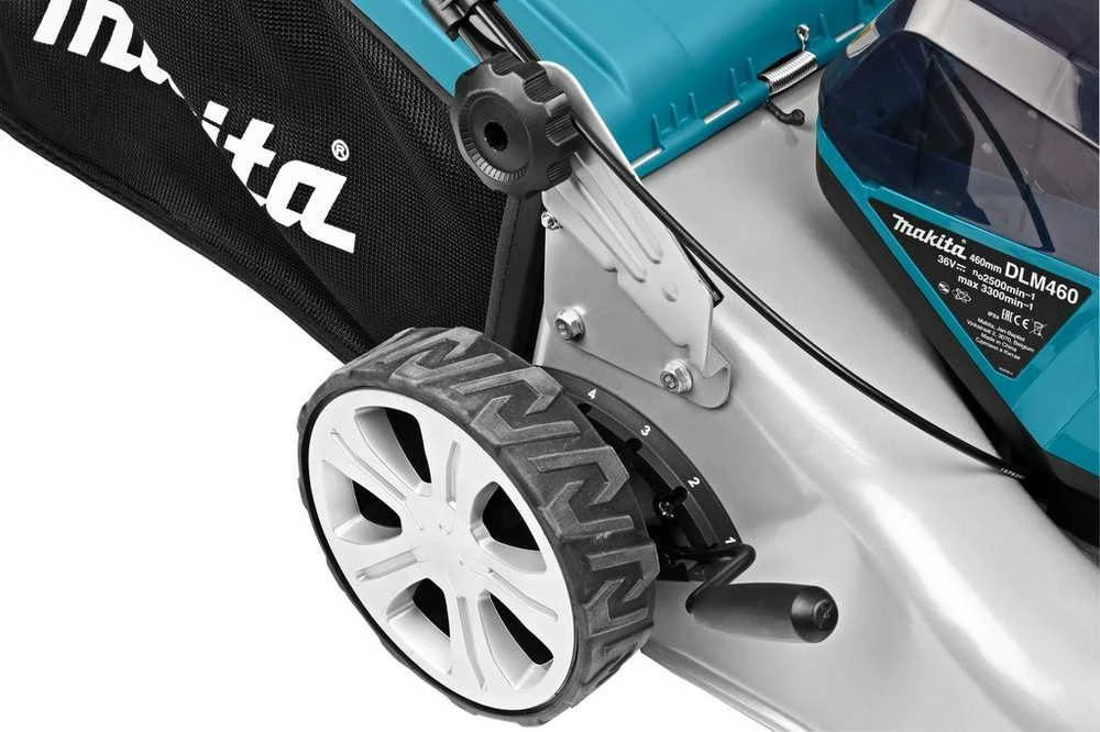 Makita akumuliatorinė vejapjovė DLM460Z 2x18 V, 46 cm, 3 viename (pjovimas / surinkimas / mulčiavimas), plieno korpusas, be akumuliatoriaus ir kroviklio