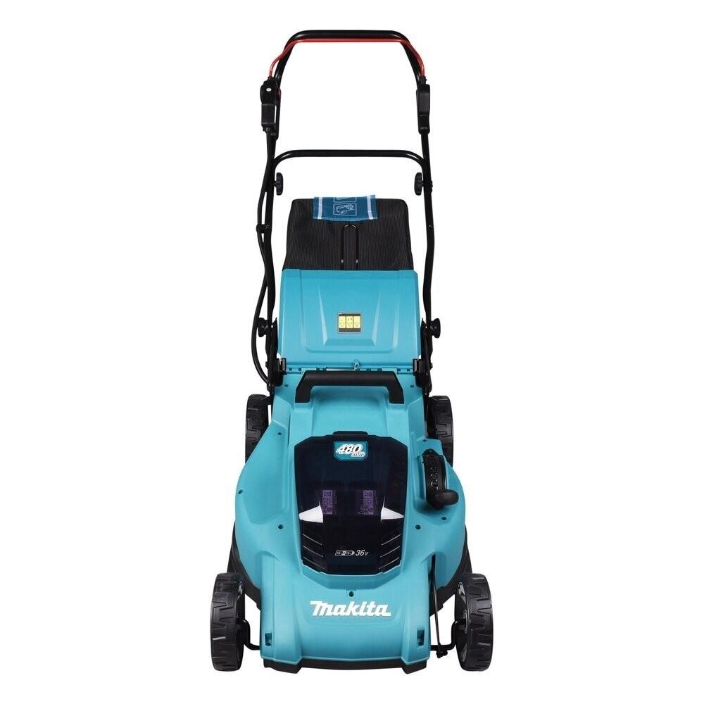 Akumuliatorinė vejapjovė Makita DLM480CT2 2x 18 V, 48 cm, DC18SH įkroviklis 2x 5,0 Ah Li-ion akumuliatioriams, 4/1 (Pjovimas/Surinkimas/Mulčiavimas/Galinis išmetimas), Plastikinis korpusas
