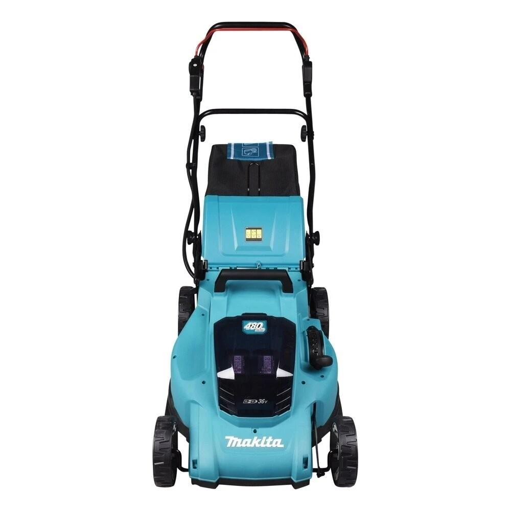 Akumuliatorinė vejapjovė Makita DLM480CT2 2x 18 V, 48 cm, DC18SH įkroviklis 2x 5,0 Ah Li-ion akumuliatioriams, 4/1 (Pjovimas/Surinkimas/Mulčiavimas/Galinis išmetimas), Plastikinis korpusas