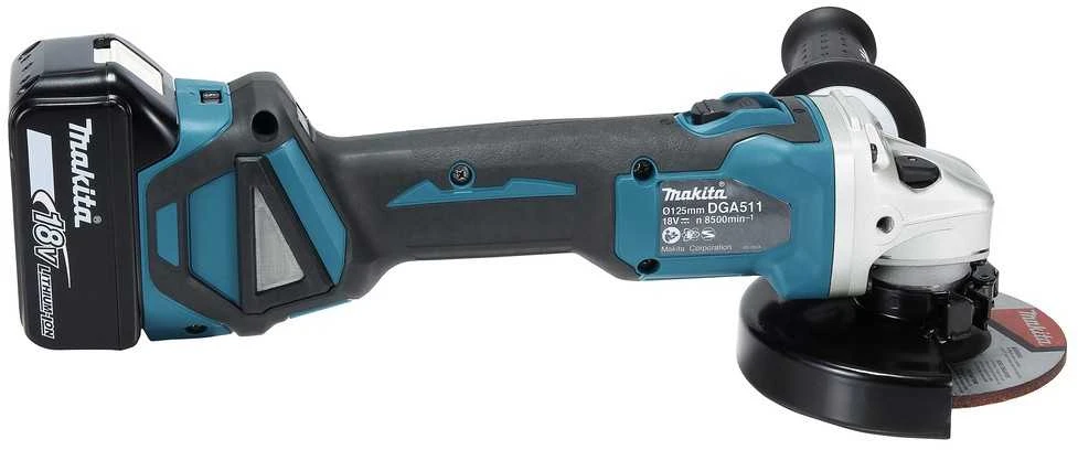 Makita DGA511Z Akumuliatorinis kampinis šlifuoklis, greičio reguliavimas 3000-8500min-1, 18V, ø125mm, komplektuojama be akumuliatorių ir kroviklio!