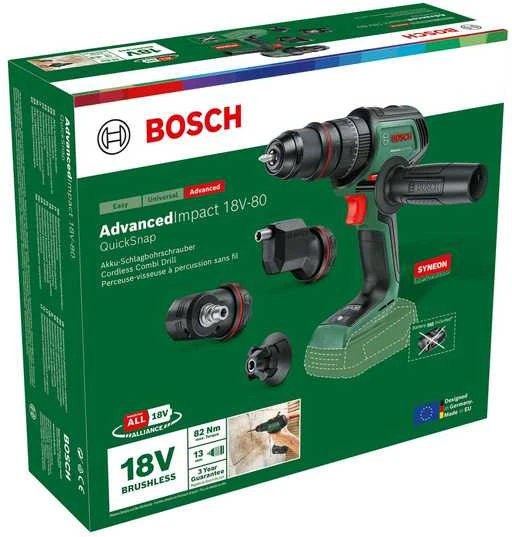 Bosch Akumuliatorinis smūginis gręžtuvas AdvancedImpact 18V-80 QuickSnap, be akumuliatoriaus ir kroviklio