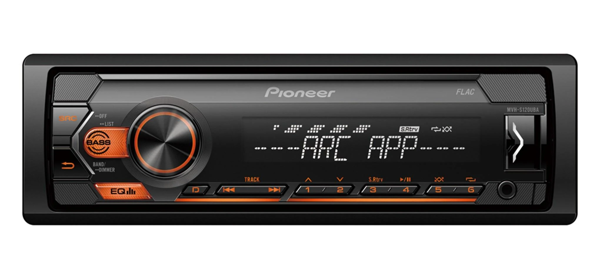 Pioneer MVH-S120UBA su oranžiniu mygtukų apšvietimu