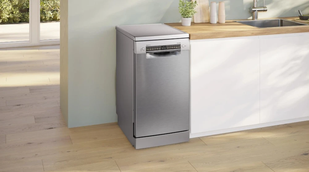 Bosch Stacionari indaplovė SPS4EMI17E, šlifuoto plieno, apsauga nuo pirštų atspaudų, 45 cm