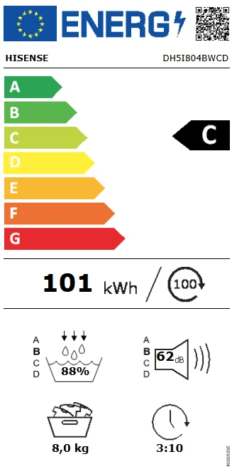 Džiovyklė Hisense heat pump 8kg depth 55 cm - Tumble dryer aprašymas - Prekės nuotrauka