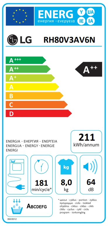 Džiovyklė LG Džiovintuvas RH80V3AV6N Energijos vartojimo efektyvumo klasė A++, Kraunamas iš priekio, 8kg, LED jutiklinis ekranas, Gylis 69 cm, Wi-Fi, Baltas aprašymas - Prekės nuotrauka