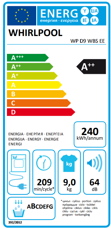 „Whirlpool“ džiovyklė | WP D9 WBS EE | Energijos vartojimo efektyvumo klasė D | Priekinis pakraunamas | 9kg | Šilumos siurblys | Skaitmeninis | Gylis 61 cm | Baltas aprašymas - Prekės nuotrauka