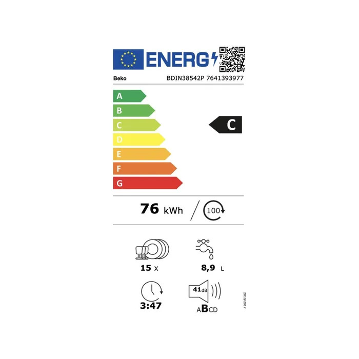 BEKO Indaplovė | BDIN38542P | Built-in | Plotis 60 cm | Number of place settings 15 | Number of programs 8 | Energy efficiency class C | Ekranas | AquaStop function | Baltas aprašymas - Prekės nuotrauka