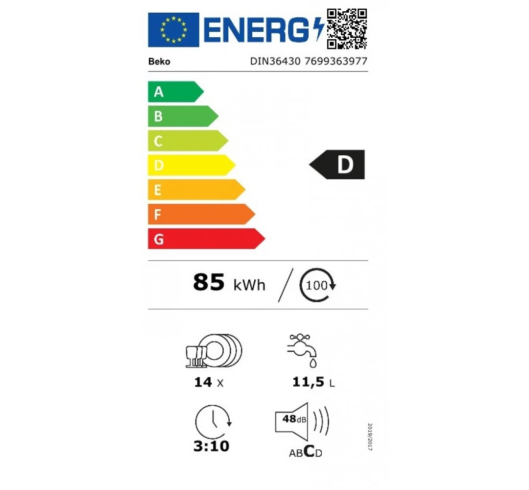 BEKO Built-In Indaplovė DIN36430, D energijos klasė (senas A+++), 60 cm, 6 programos, SelfDry, Led spot aprašymas - Prekės nuotrauka