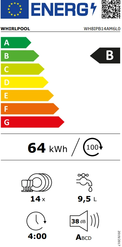 Whirlpool Sūkurys Indaplovė | WH8IPB14AM6L0 | Įmontuotas | Plotis 59,8 cm | Patalpų skaičius 14 | Programų skaičius 10 | B energijos vartojimo efektyvumo klasė aprašymas - Prekės nuotrauka