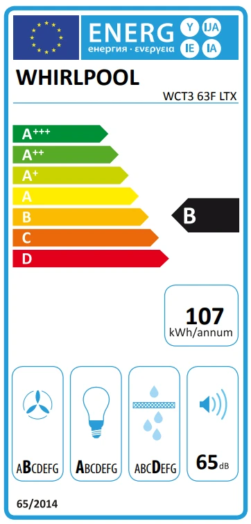 Gartraukis Whirlpool Hood | WCT3 63F LTX | Built-in | Energy efficiency class B | Plotis 51.4 cm | 430 m³/h | Electronic | LED | Inox aprašymas - Prekės nuotrauka