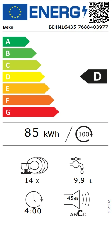 BEKO Built-In Indaplovė BDIN16435, D energijos klasė, savaime džiūsta, LED taškas aprašymas - Prekės nuotrauka
