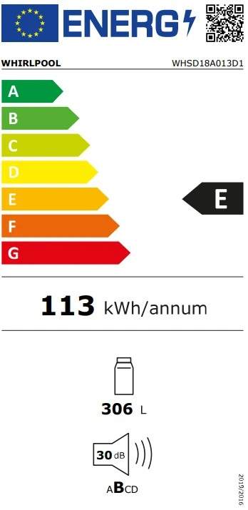 Whirlpool Šaldytuvas | WHSD18A013D1 | Energy efficiency class E | Built-in | Larder | Height 177 cm | Šaldytuvas net capacity 306 L | Ekranas | 30 dB | Nerūdijantis plienas aprašymas - Prekės nuotrauka