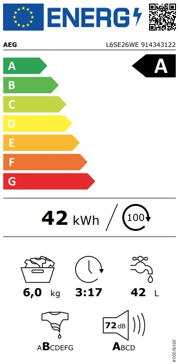 Skalbimo mašina AEG 6000 serija, ProSense, L6SE26WE, 6kg aprašymas - Prekės nuotrauka
