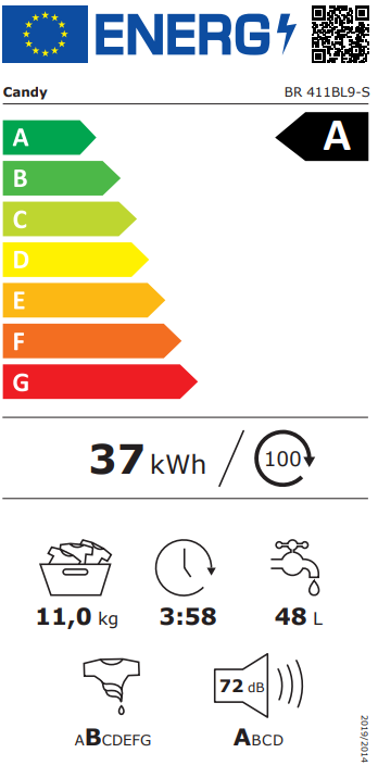 Candy Skalbimo mašina | BR 411BL9-S | Energy efficiency class A | Front loading | Skalbimo talpa 11 kg | 1400 RPM | Gylis 68 cm | Plotis 60 cm | Ekranas | LCD | Steam function | Wi-Fi | Baltas +DOVANA Hoover dulkių siurblys aprašymas - Prekės nuotrauka