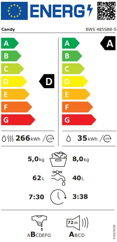 Skalbimo mašina Candy BWS 485SB8-S aprašymas - Prekės nuotrauka