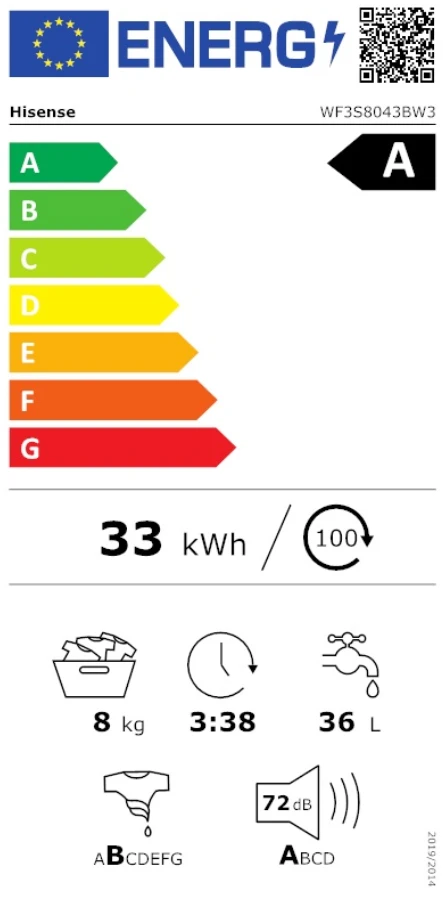 Skalbimo mašina Hisense WF3S8043BW3 aprašymas - Prekės nuotrauka