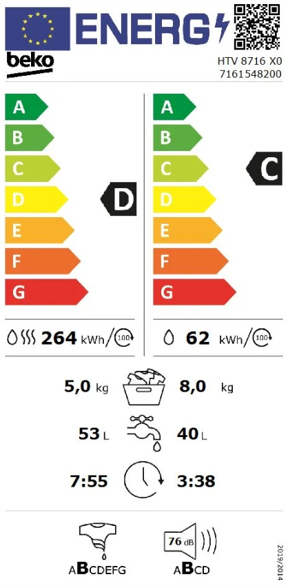 BEKO Skalbimo mašina - Džiovintuvas HTV 8716 X0 8kg - 5kg, 1400rpm, D energijos klasė (senas A), Gylis 59 cm, Inverterinis variklis, HomeWhiz aprašymas - Prekės nuotrauka