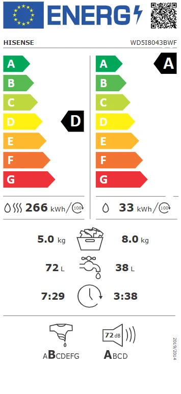 Skalbimo mašina su džiovinimo funkcija Hisense WD5I8043BWF, 8kg / 5kg aprašymas - Prekės nuotrauka