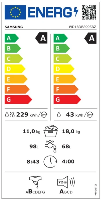 Skalbimo mašina Samsung WD18DB8995BZT2 aprašymas - Prekės nuotrauka