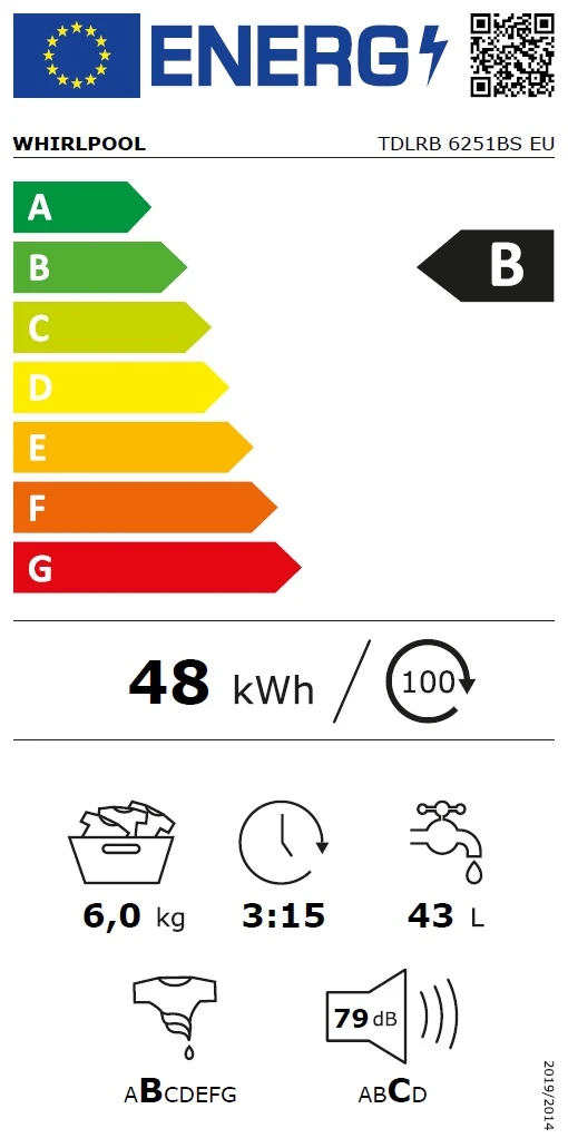 Whirlpool Skalbimo mašina | TDLRB 6251BS EU | Energy efficiency class B | Top loading | Skalbimo talpa 6kg | 1200 RPM | Gylis 60 cm | Plotis 40 cm | LED | Baltas aprašymas - Prekės nuotrauka
