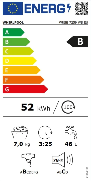 Skalbimo mašina Whirlpool WRSB 7259 WS EU aprašymas - Prekės nuotrauka