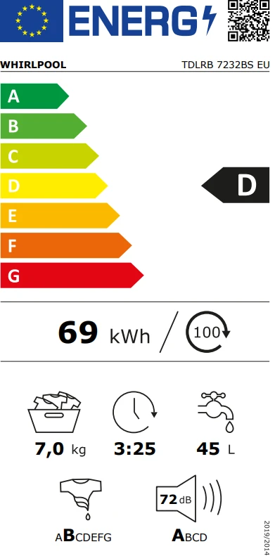 Whirlpool Skalbimo mašina | TDLRB 7232BS EU | Energijos vartojimo efektyvumo klasė D | Kraunama iš viršaus | Skalbimo talpa 7kg | 1200 RPM | Gylis 60 cm | Plotis 40 cm | LED | Baltas aprašymas - Prekės nuotrauka