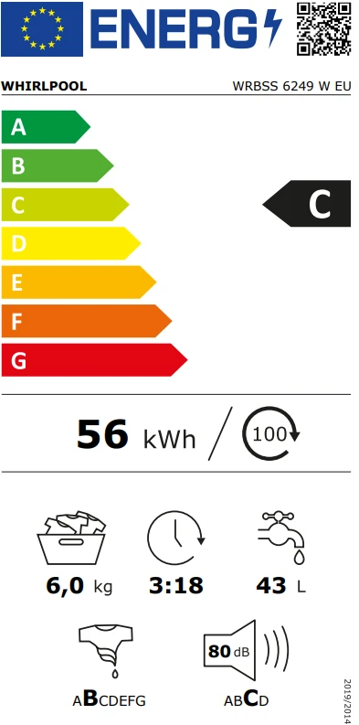 WHIRLPOOL Skalbimo mašina WRBSS 6249 W EU, 6kg, 1200 rpm, Energy class C, Gylis 42.5 cm, Inverter motor aprašymas - Prekės nuotrauka