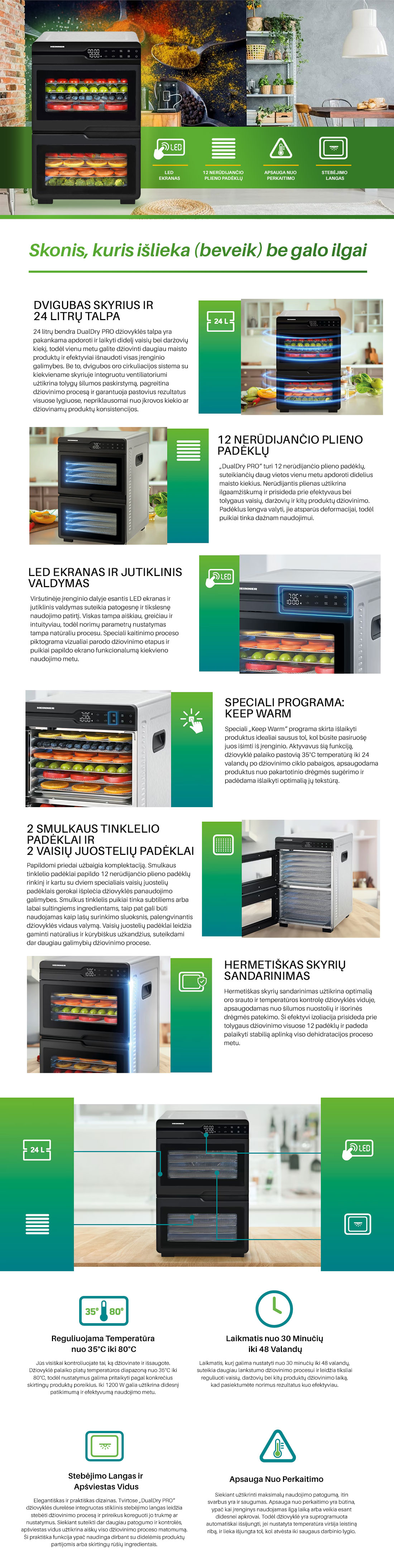 Vaisių ir daržovių džiovintuvas 1000-1200W HFD-KDDB1200BKSS HEINNER aprašymas - Prekės nuotrauka