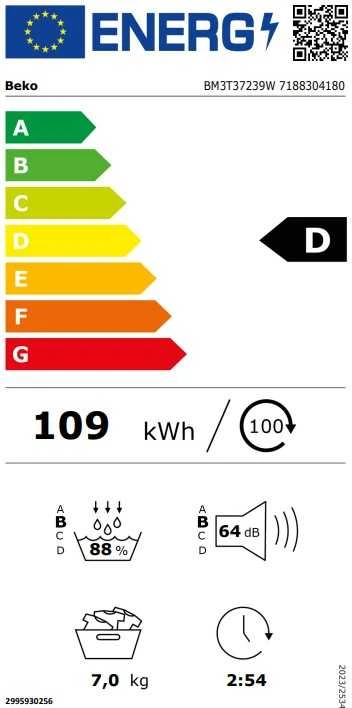 BEKO džiovyklė BM3T37239W, 7kg, D energijos klasė, 54,5 cm pločio