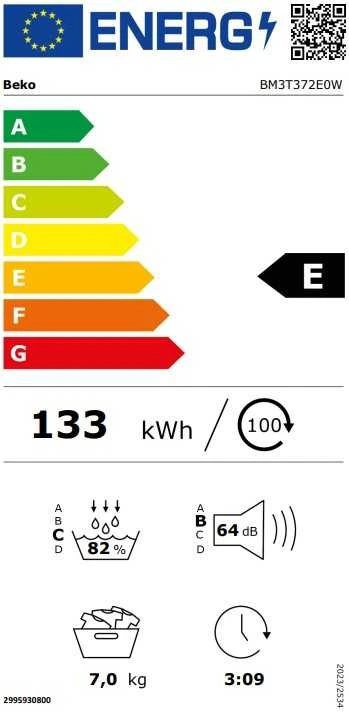 BEKO BM3T372E0W džiovyklė, 7kg, E energijos klasė, 54,5 cm pločio