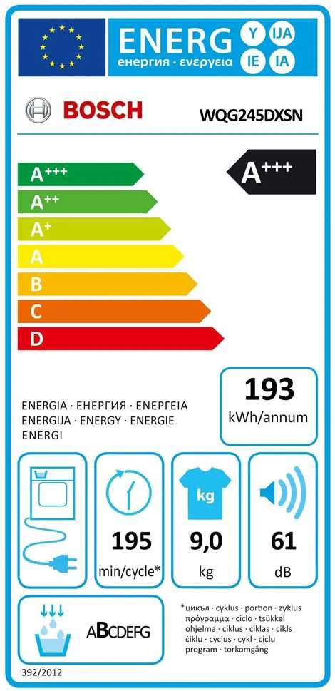 „Bosch“ džiovyklė su šilumos siurbliu | WQG245DXSN | Energijos vartojimo efektyvumo klasė C | Priekinis pakraunamas | 9kg | Kondensacija | LCD | Gylis 61,3 cm | Pilkas