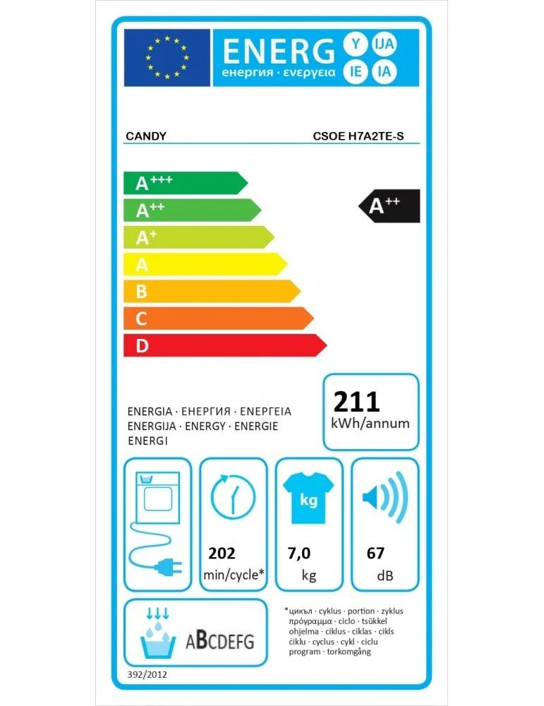 CANDY džiovyklė CSOE H7A2TE-S, 7kg, energijos klasė E