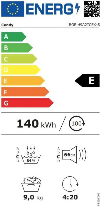 Candy | Džiovyklė | ROE H9A2TCEX-S | Energijos vartojimo efektyvumo klasė A++ | Priekinis pakraunamas | 9kg | Šilumos siurblys | Didelis skaitmeninis | Gylis 58,5 cm | Wi-Fi | Baltas