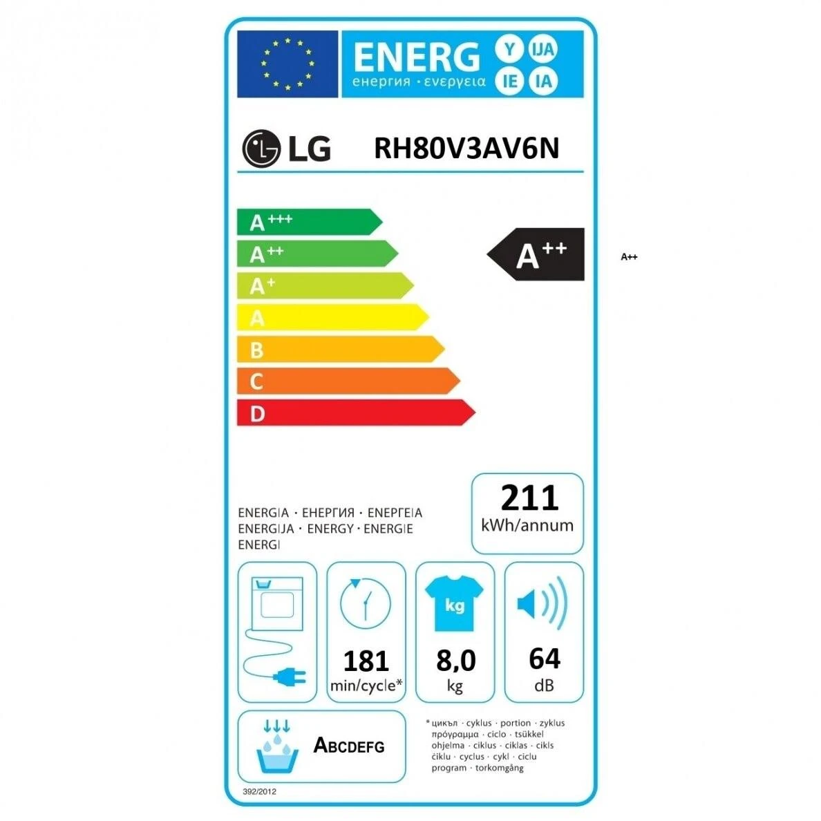 Džiovyklė LG Džiovintuvas RH80V3AV6N Energijos vartojimo efektyvumo klasė A++, Kraunamas iš priekio, 8kg, LED jutiklinis ekranas, Gylis 69 cm, Wi-Fi, Baltas