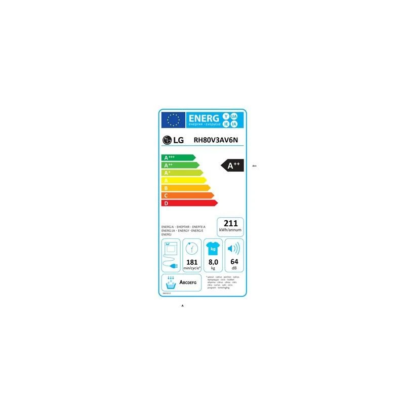 Džiovyklė LG Džiovintuvas RH80V3AV6N Energijos vartojimo efektyvumo klasė A++, Kraunamas iš priekio, 8kg, LED jutiklinis ekranas, Gylis 69 cm, Wi-Fi, Baltas