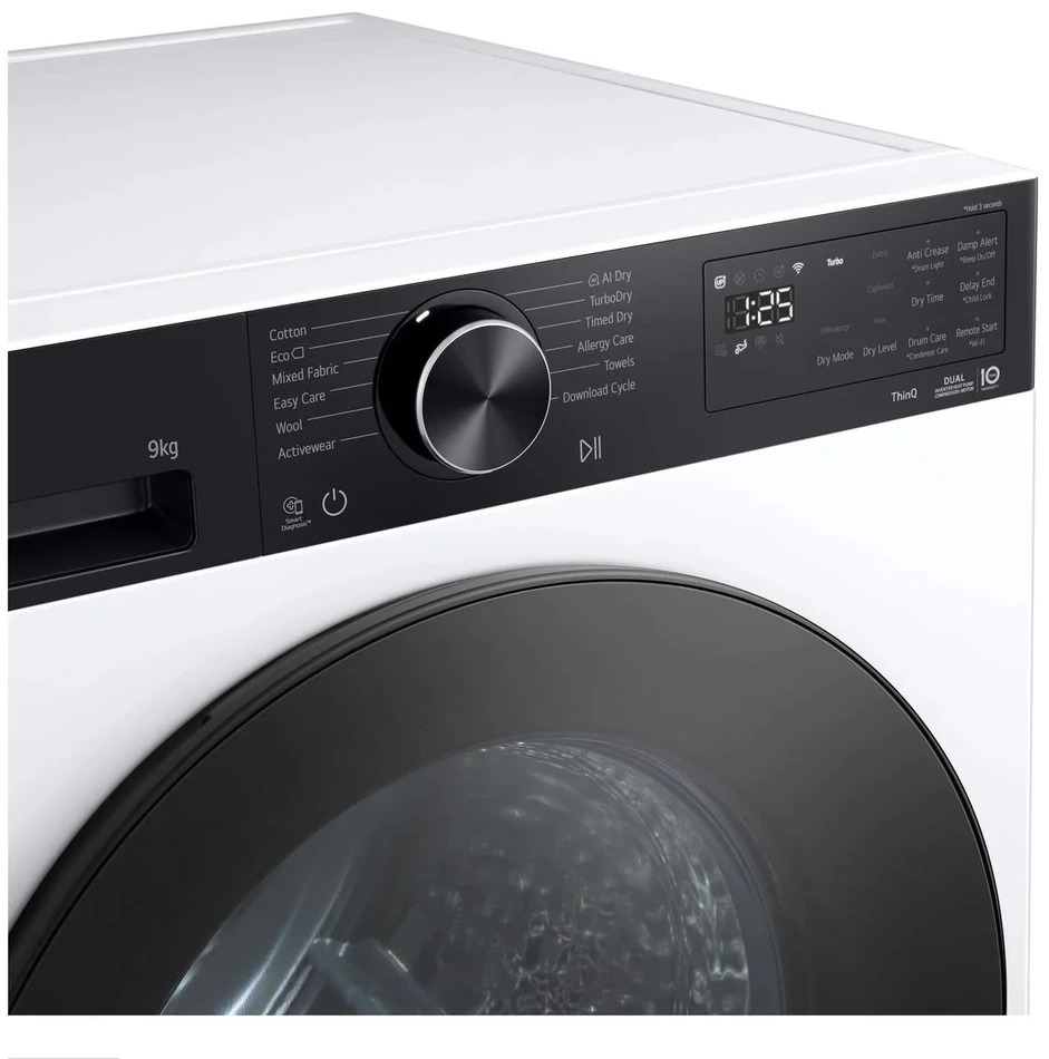 LG džiovyklė | RHX5009TKB | Energijos vartojimo efektyvumo klasė B | Priekinis pakraunamas | 9kg | Skaitmeninis | Šilumos siurblys | Gylis 66 cm | Wi-Fi | Baltas