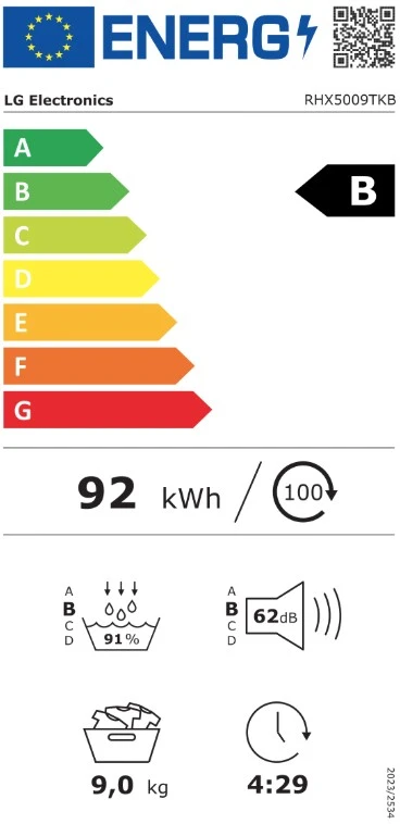 LG džiovyklė | RHX5009TKB | Energijos vartojimo efektyvumo klasė B | Priekinis pakraunamas | 9kg | Skaitmeninis | Šilumos siurblys | Gylis 66 cm | Wi-Fi | Baltas