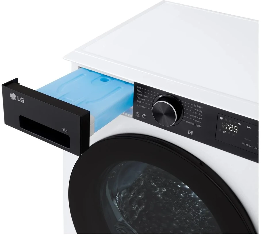 LG džiovyklė | RHX5009TKB | Energijos vartojimo efektyvumo klasė B | Priekinis pakraunamas | 9kg | Skaitmeninis | Šilumos siurblys | Gylis 66 cm | Wi-Fi | Baltas