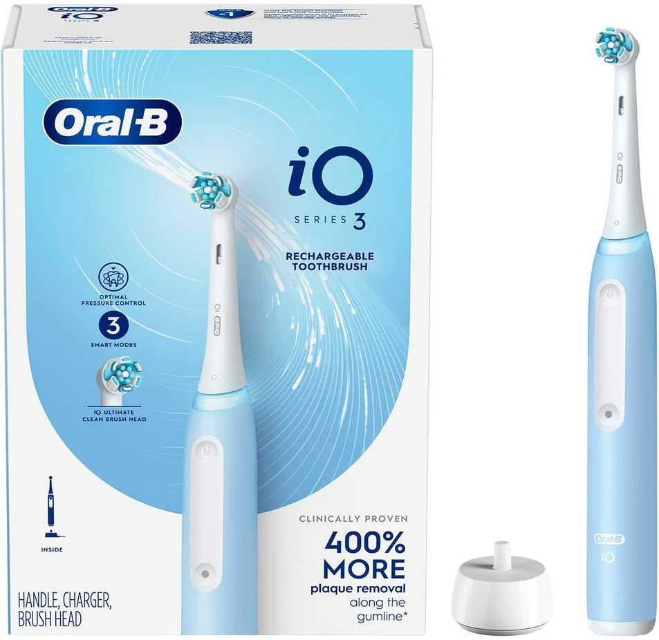 Oral-B | Elektrinis dantų šepetėlis | iO3 Series | Įkraunamas | Suaugusiems | Šepetėlių skaičius galvutės įeina 1 | Number of teeth brushing modes 3 | Ice Mėlyna