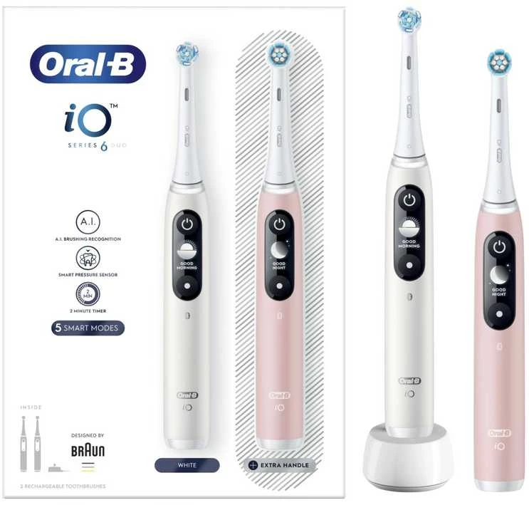 Braun iOM6d.2I6.1 Oral-B iO6 Duo Pack Elektrinis Dantų Šepetėlis Baltas + Rožinė Sand Extra Handle