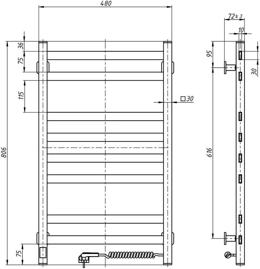 Elektrinis rankšluosčių džiovintuvas Navin Avangard Sensor 480x800, chromo, su laikmačiu, 10-028153-4880, (laidas kairėje)