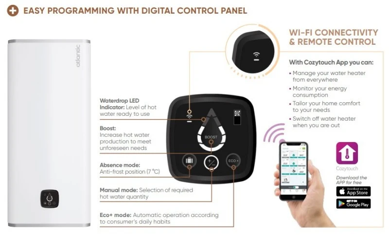 Elektrinis vandens šildytuvas Atlantic VERTIGO STEATITE WiFi 100 1.5+0.75kW 80L, 851337