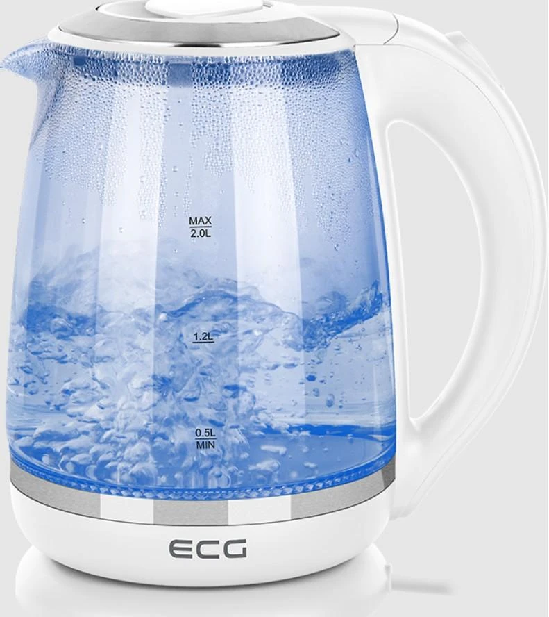 ECG Elektrinė virdulys RK 2020 Baltas Glass, 2 L, 360° base with power cord storage, Mėlyna backlight, 1850-2200 W