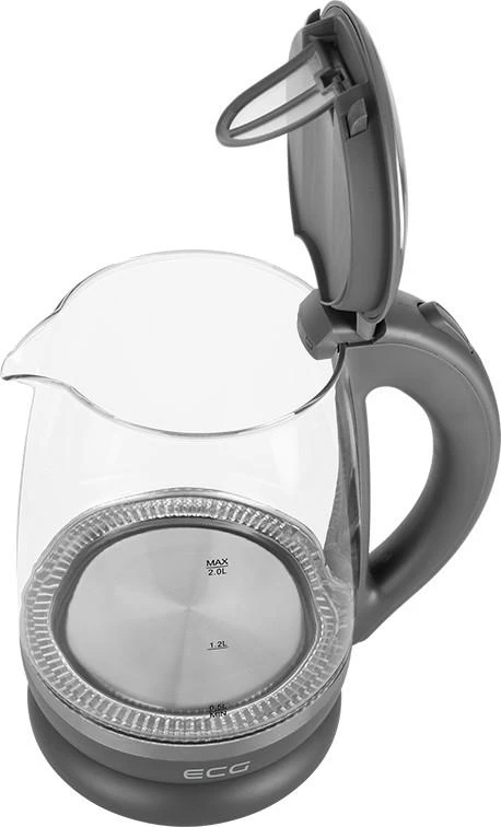 ECG Elektrinė virdulys RK 2020 Pilkas Glass, 2 L, 360° base with power cord storage, Mėlyna backlight, 1850-2200 W
