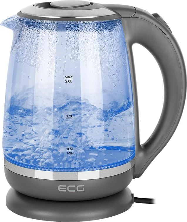 ECG Elektrinė virdulys RK 2020 Pilkas Glass, 2 L, 360° base with power cord storage, Mėlyna backlight, 1850-2200 W